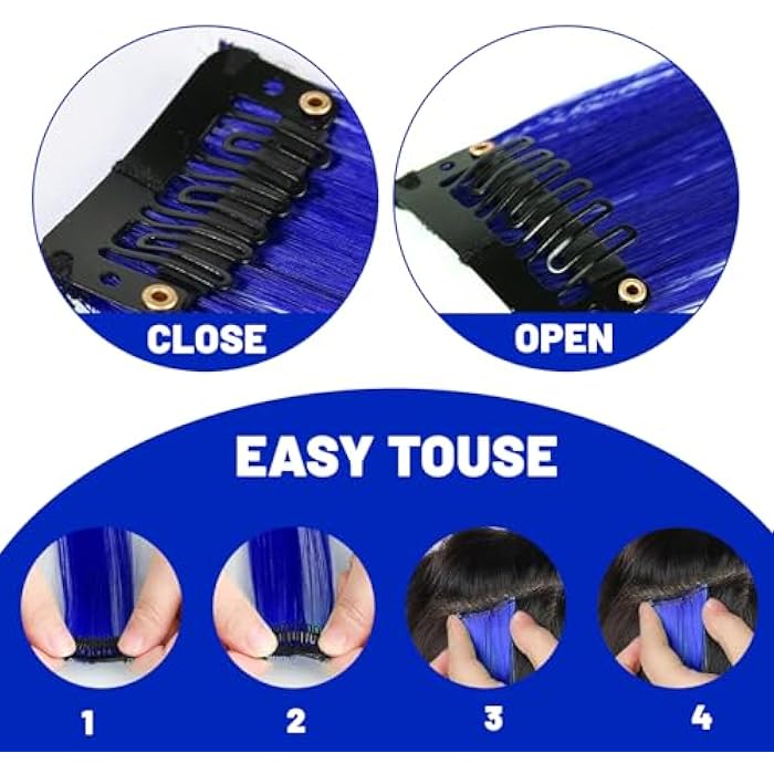 Tofafa 22 Inch Colored Hair Extensions,Straight Hair can be Curled,Multi-colors Party Highlights Clip in Synthetic Hair Extensions(10 Pcs Blue) - Image 3